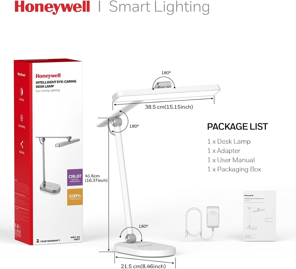 Honeywell Desk Lamp for Home Office, H4 Sunturalux™ Eye-Caring LED Desk Light, 700LM Dimmable Desk Lamp with Timer, Adjustable Desk Reading Light, Touch Auto Dimming Table Lamp for Study, Bedroom