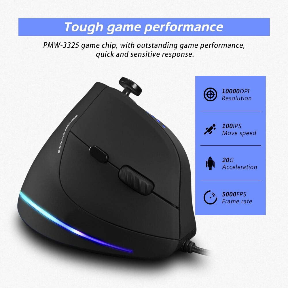 Wired Vertical Ergonomic Gaming Mouse with 5D Rocker, 10000 DPI, 11 Programmable Buttons &amp; RGB Lighting, USB Gaming Mouse for PC Laptop Computer