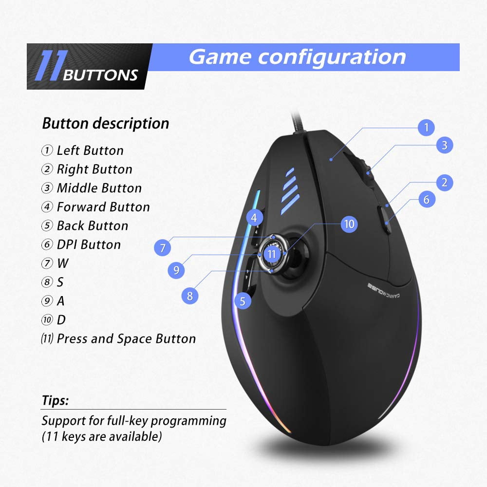 Wired Vertical Ergonomic Gaming Mouse with 5D Rocker, 10000 DPI, 11 Programmable Buttons &amp; RGB Lighting, USB Gaming Mouse for PC Laptop Computer