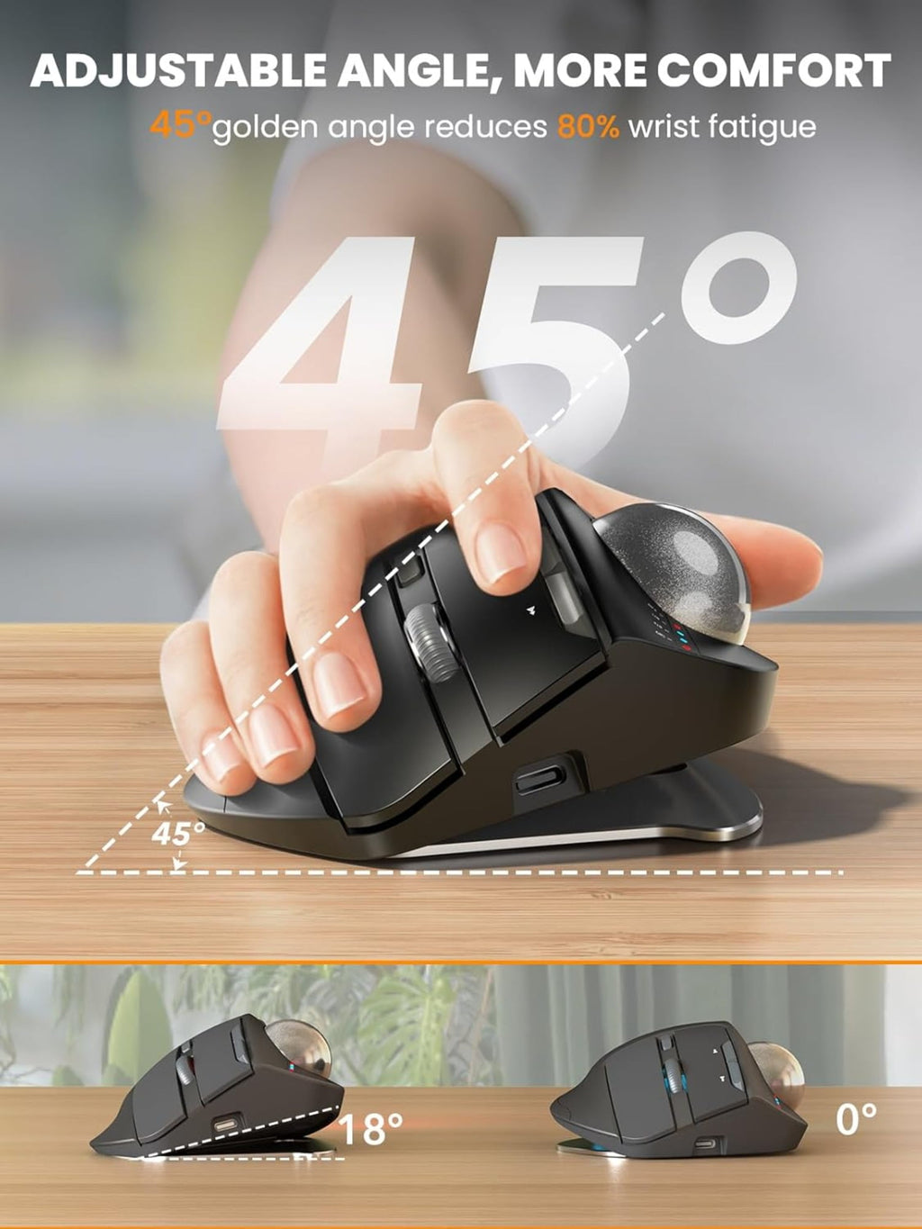 Wireless Trackball Mouse, Ergonomic Bluetooth Rechargeable Computer Mouse, Backlit Rollerball Thumb Laptop mice with 5 Level DPI, Adjustable Angle