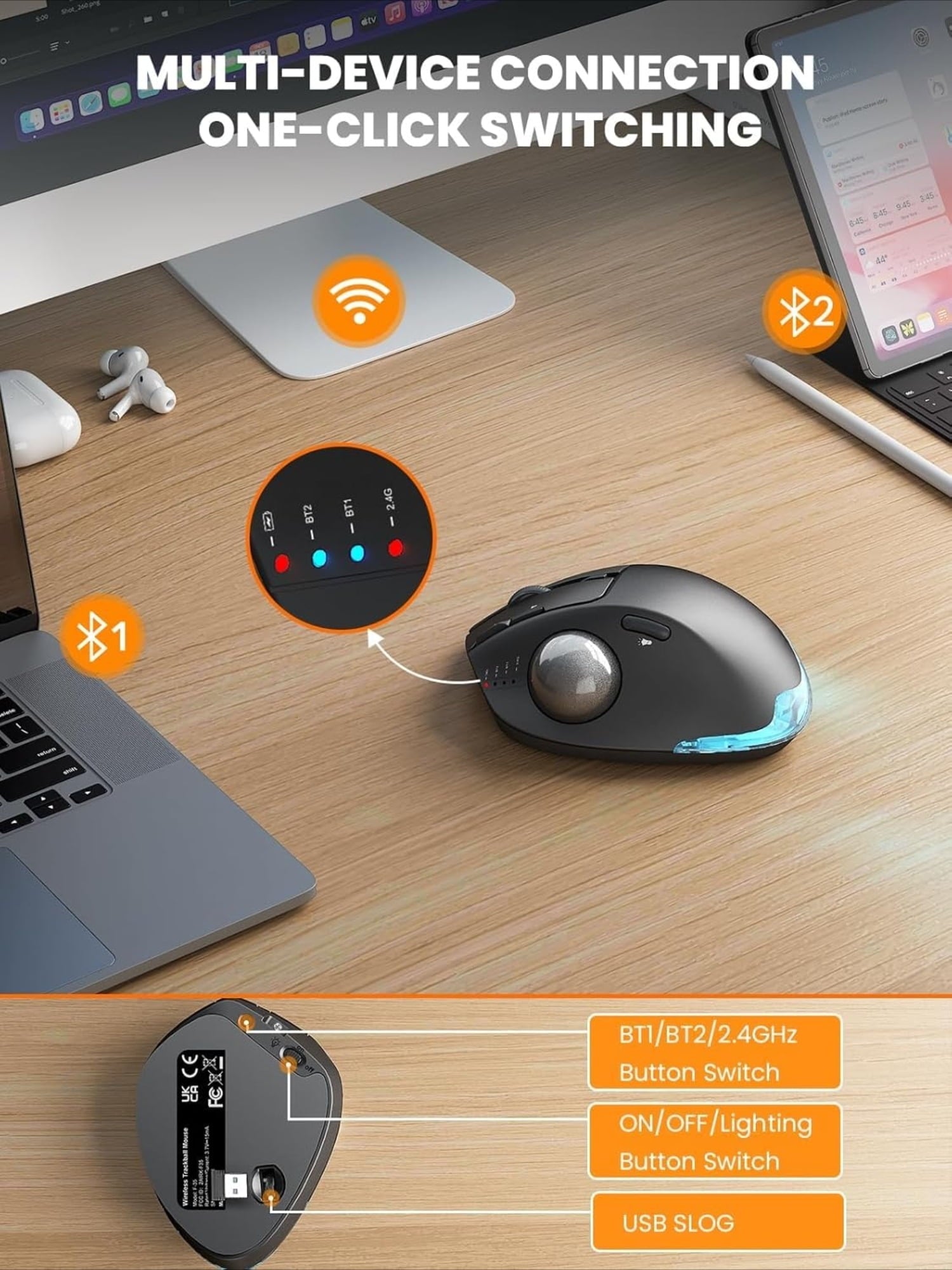 Wireless Trackball Mouse, Ergonomic Bluetooth Rechargeable Computer Mouse, Backlit Rollerball Thumb Laptop mice with 5 Level DPI, Adjustable Angle