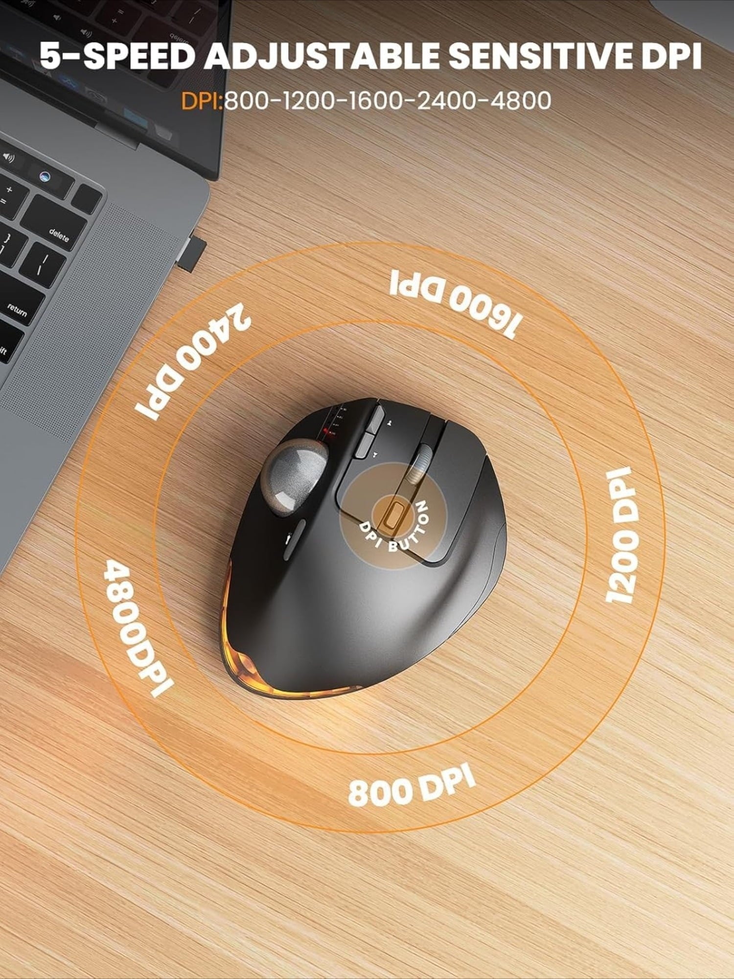Wireless Trackball Mouse, Ergonomic Bluetooth Rechargeable Computer Mouse, Backlit Rollerball Thumb Laptop mice with 5 Level DPI, Adjustable Angle