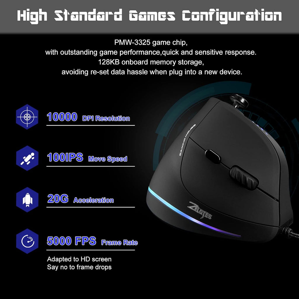 TRELC Gaming Mouse with 5 D Rocker, Ergonomic Mouse with 10000 DPI/11 Programmable Buttons, Vertical Gaming Mice Wired for PC/Laptop/E-Sports/Gamer (Black)