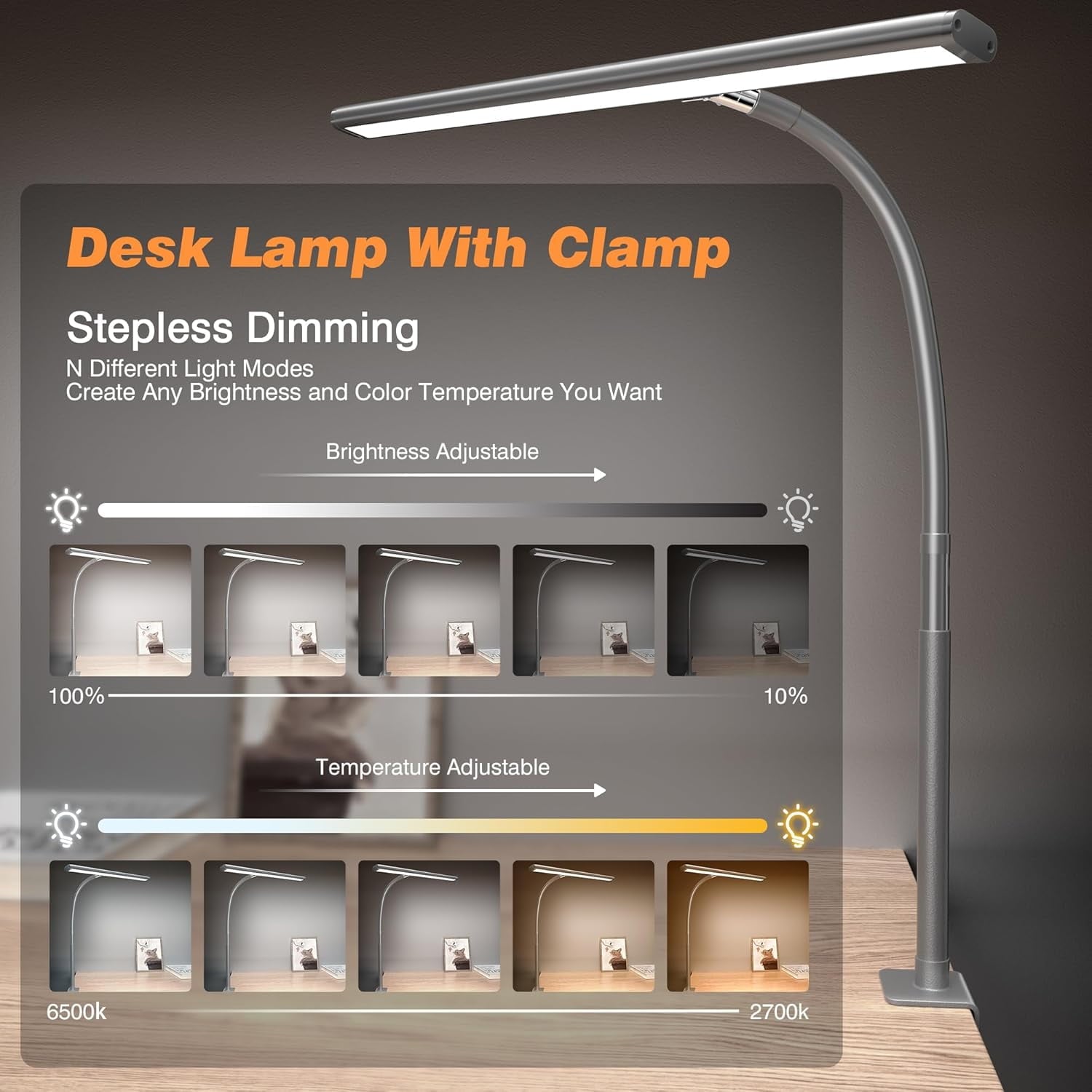 Desk Lamp for Office , Eye-Caring Desk Light with Stepless Dimming Adjustable Flexible Gooseneck, 10W   Desk Lamp with Clamp for Reading, Study, Workbench (Grey)