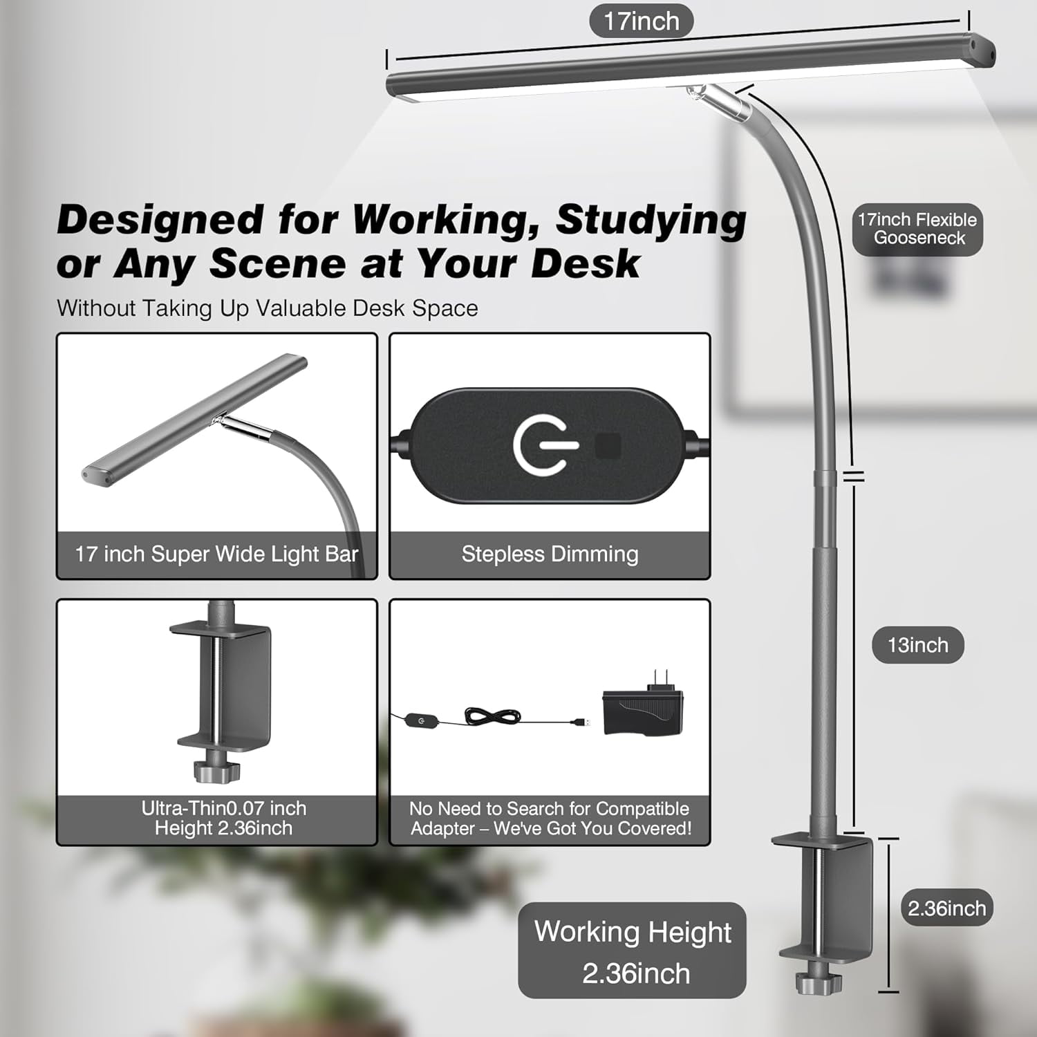 Desk Lamp for Office , Eye-Caring Desk Light with Stepless Dimming Adjustable Flexible Gooseneck, 10W   Desk Lamp with Clamp for Reading, Study, Workbench (Grey)