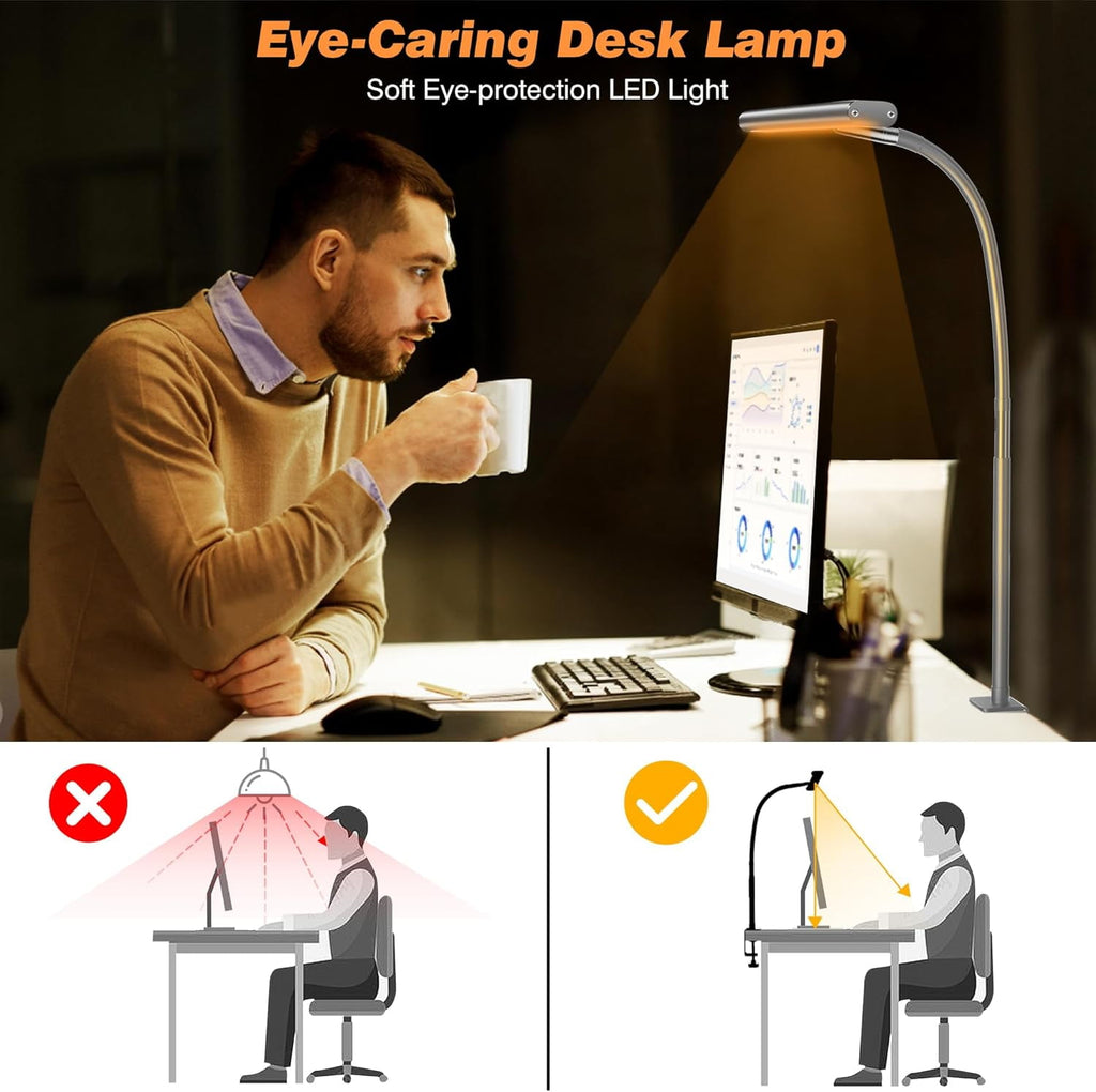Desk Lamp for Office , Eye-Caring Desk Light with Stepless Dimming Adjustable Flexible Gooseneck, 10W   Desk Lamp with Clamp for Reading, Study, Workbench (Grey)