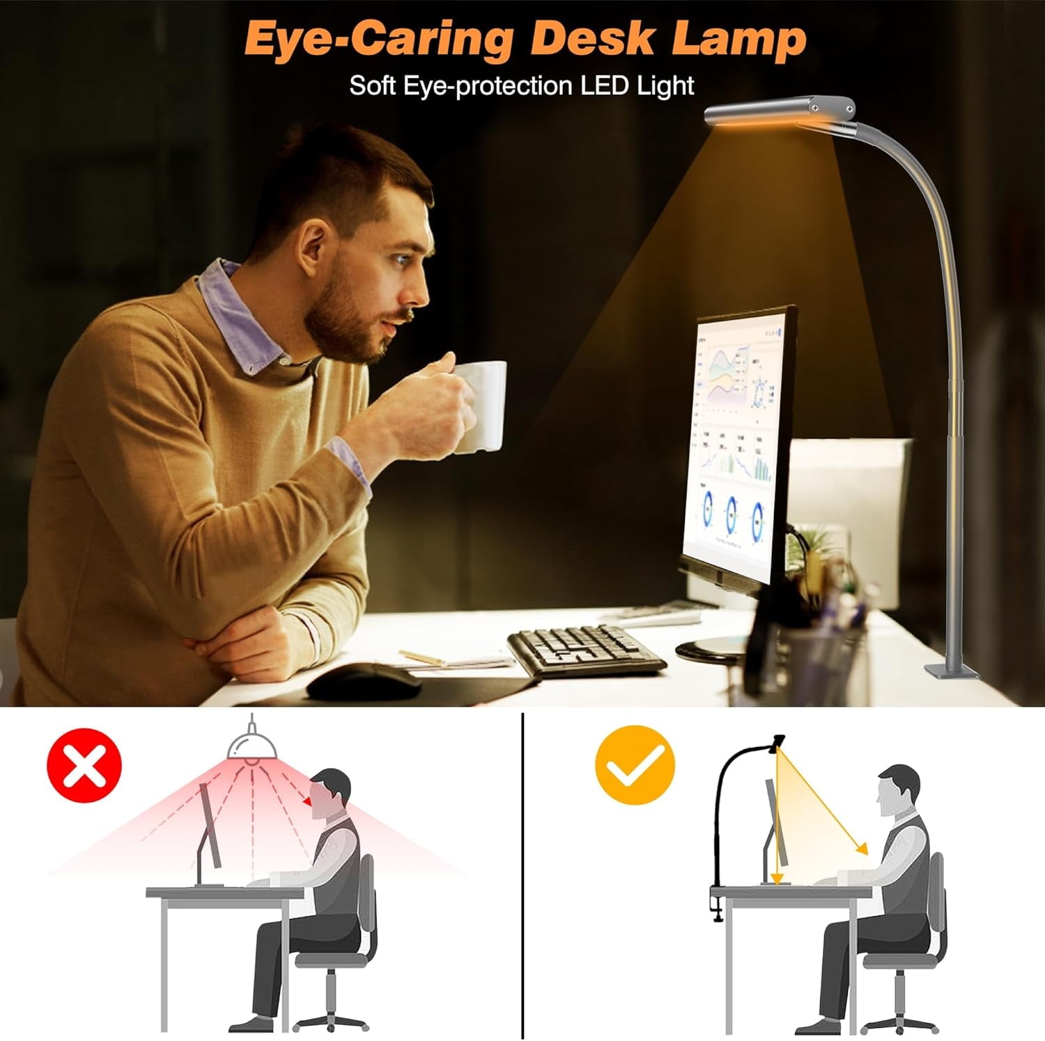 Desk Lamp for Office , Eye-Caring Desk Light with Stepless Dimming Adjustable Flexible Gooseneck, 10W   Desk Lamp with Clamp for Reading, Study, Workbench (Grey)