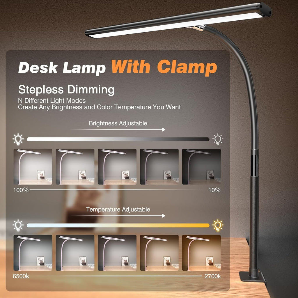 Desk Lamp for Office , Eye-Caring Desk Light with Stepless Dimming Adjustable Flexible Gooseneck, 10W   Desk Lamp with Clamp for Reading, Study, Workbench (Grey)