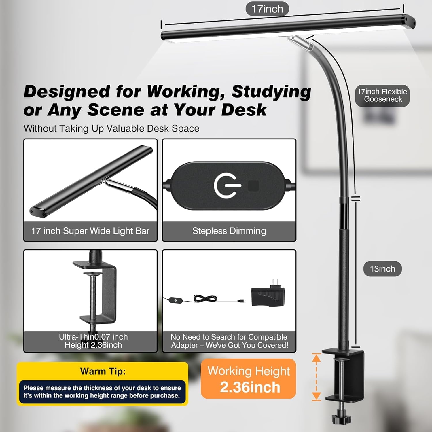 Desk Lamp for Office , Eye-Caring Desk Light with Stepless Dimming Adjustable Flexible Gooseneck, 10W   Desk Lamp with Clamp for Reading, Study, Workbench (Grey)