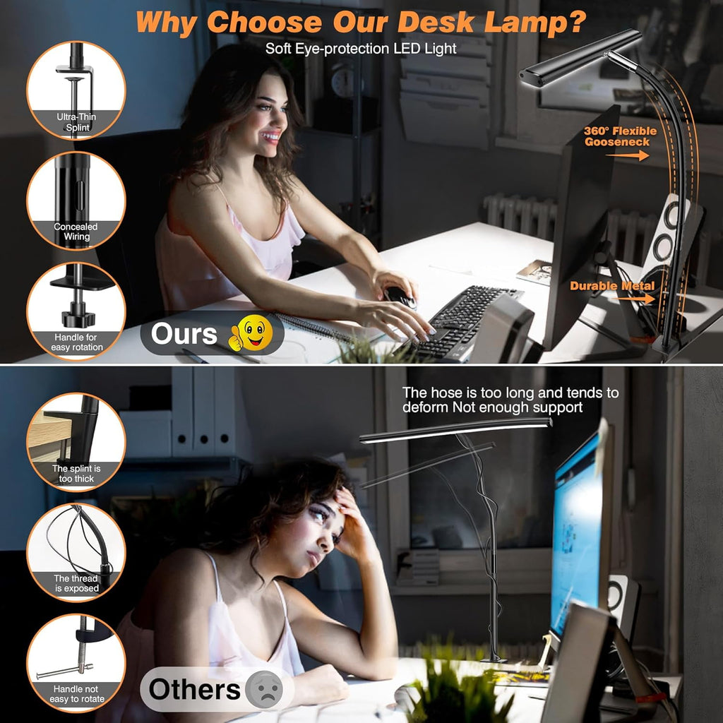 Desk Lamp for Office , Eye-Caring Desk Light with Stepless Dimming Adjustable Flexible Gooseneck, 10W   Desk Lamp with Clamp for Reading, Study, Workbench (Grey)