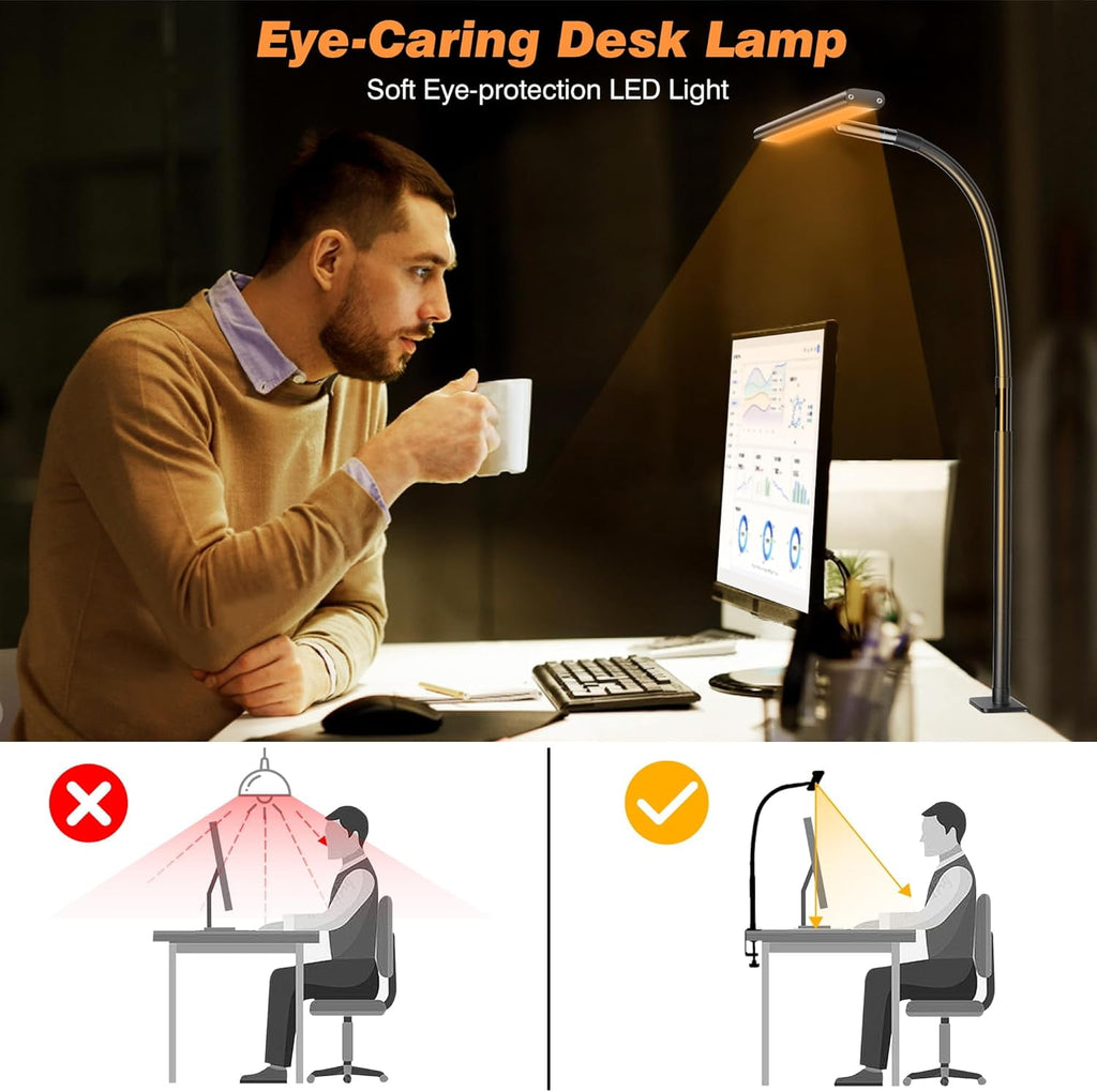 Desk Lamp for Office , Eye-Caring Desk Light with Stepless Dimming Adjustable Flexible Gooseneck, 10W   Desk Lamp with Clamp for Reading, Study, Workbench (Grey)