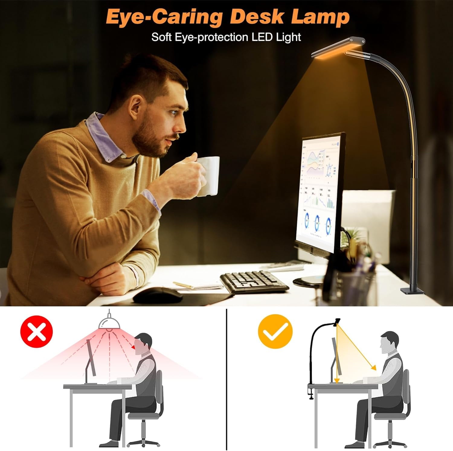Desk Lamp for Office , Eye-Caring Desk Light with Stepless Dimming Adjustable Flexible Gooseneck, 10W   Desk Lamp with Clamp for Reading, Study, Workbench (Grey)