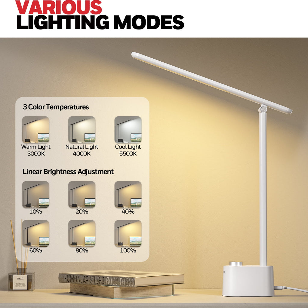 Honeywell HWT-H01 LED Desk Lamp Stepless Dimmable Table Lamp with USB A+C Dual Charging Port Eye-Caring Foldable Desk Light with 3 Color Modes for Home Office Bedroom Reading Study Sunturalux (Gray)