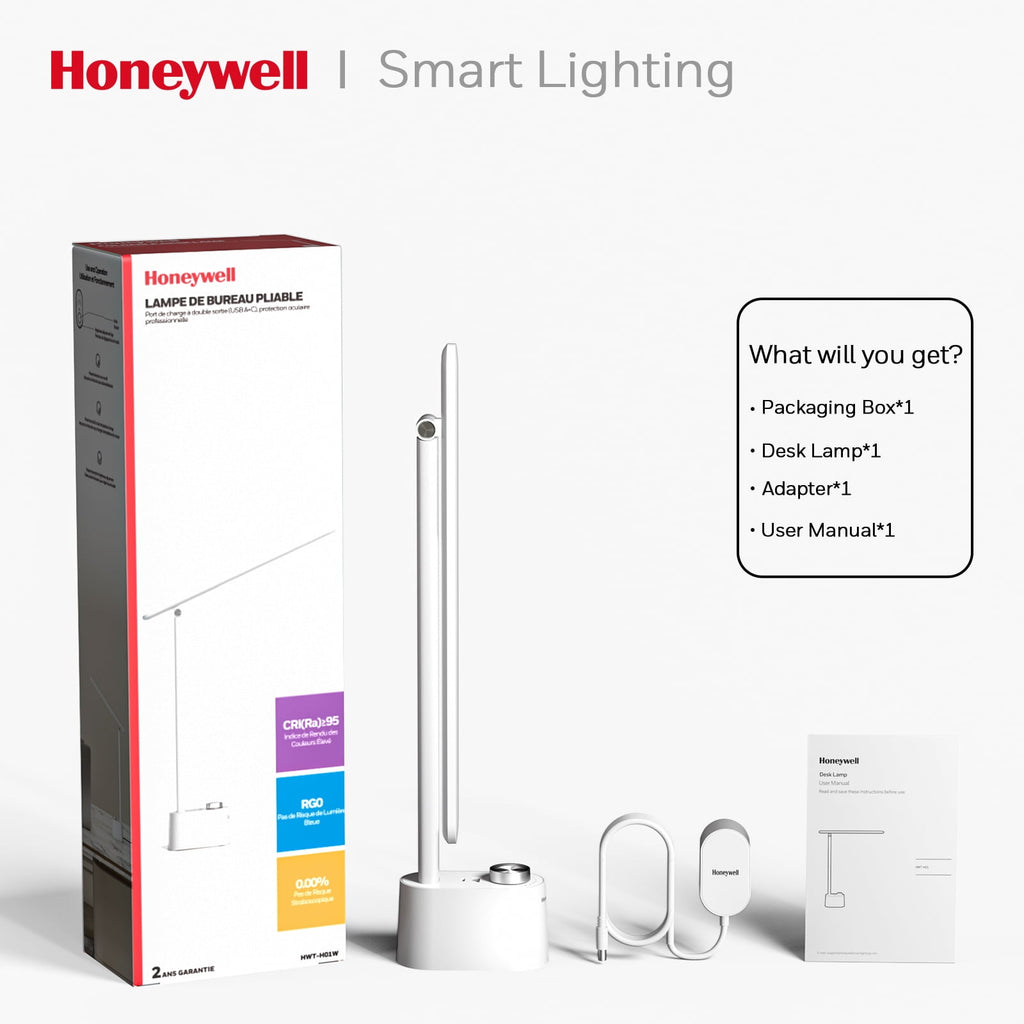Honeywell HWT-H01 LED Desk Lamp Stepless Dimmable Table Lamp with USB A+C Dual Charging Port Eye-Caring Foldable Desk Light with 3 Color Modes for Home Office Bedroom Reading Study Sunturalux (Gray)