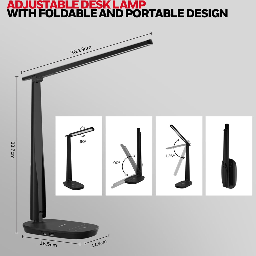 HONEYWELL LED Desk Lamp - HWT-H2 Sunturalux™ Eye-Caring Foldable Desk Light with USB A+C Dual Charging Port 4 Color Modes Dimmable Table Lamp for Home Office Bedroom Reading Study Work - Black