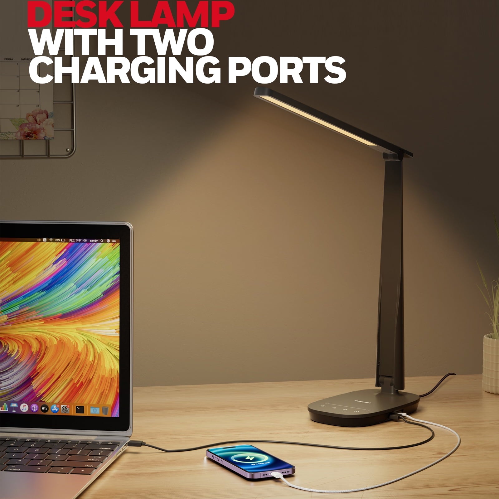 HONEYWELL LED Desk Lamp - HWT-H2 Sunturalux™ Eye-Caring Foldable Desk Light with USB A+C Dual Charging Port 4 Color Modes Dimmable Table Lamp for Home Office Bedroom Reading Study Work - Black