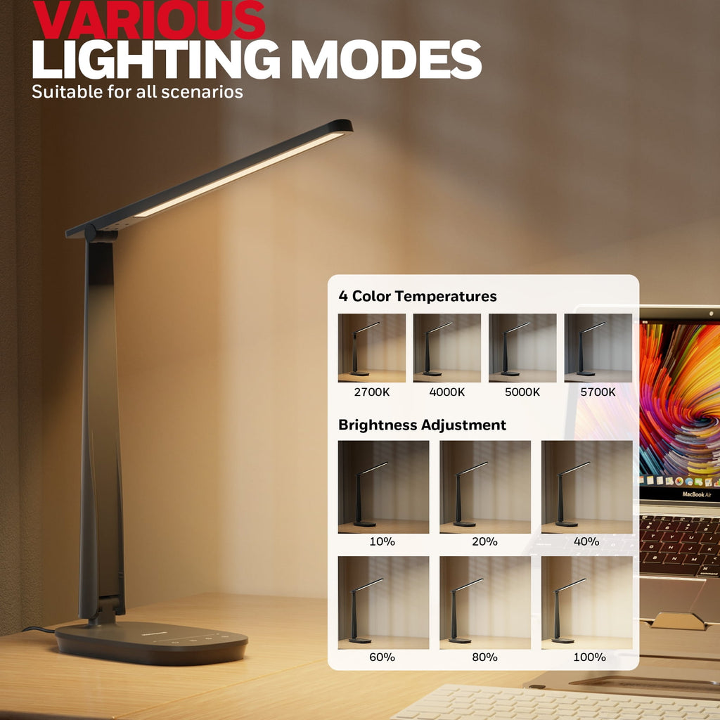 HONEYWELL LED Desk Lamp - HWT-H2 Sunturalux™ Eye-Caring Foldable Desk Light with USB A+C Dual Charging Port 4 Color Modes Dimmable Table Lamp for Home Office Bedroom Reading Study Work - Black