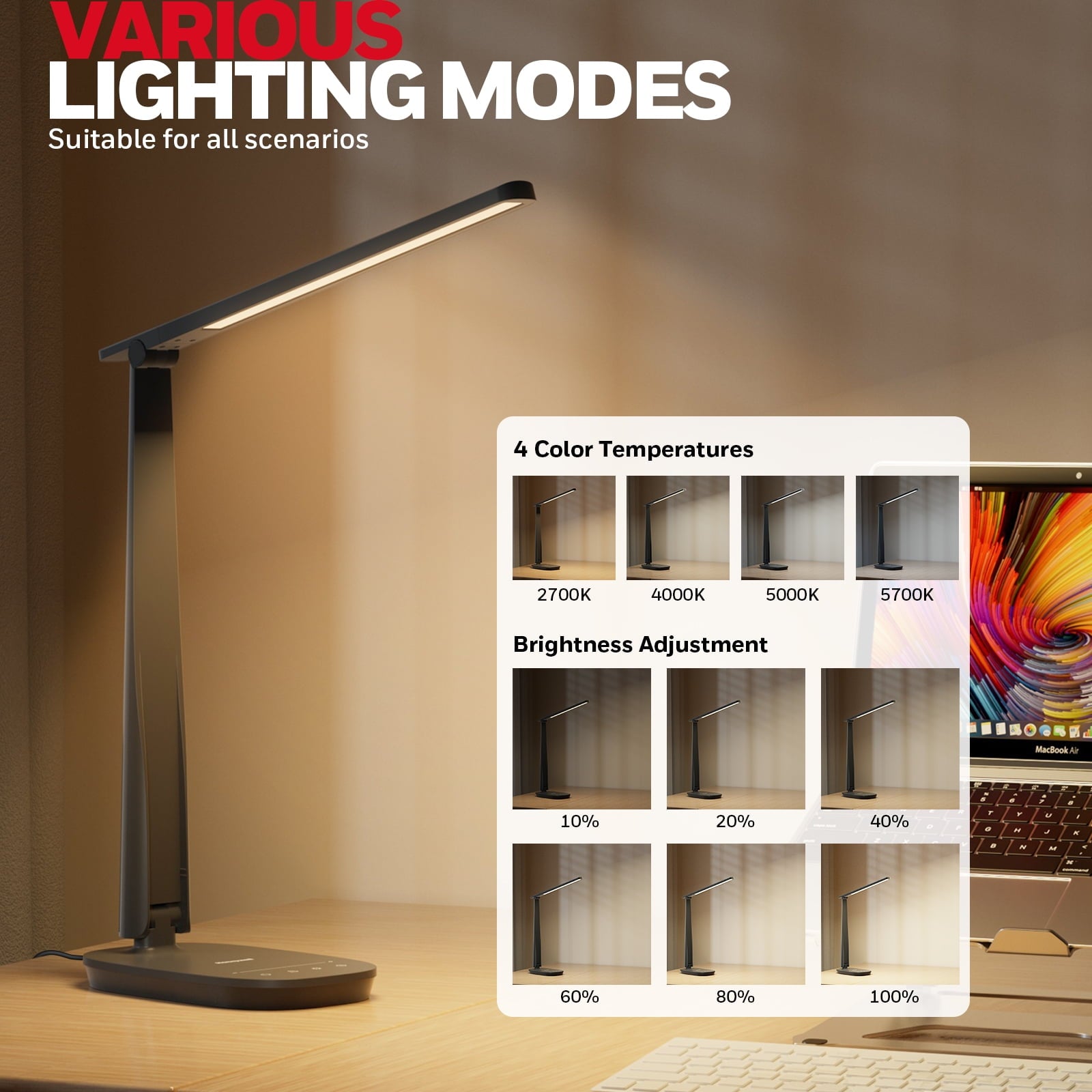 HONEYWELL LED Desk Lamp - HWT-H2 Sunturalux™ Eye-Caring Foldable Desk Light with USB A+C Dual Charging Port 4 Color Modes Dimmable Table Lamp for Home Office Bedroom Reading Study Work - Black