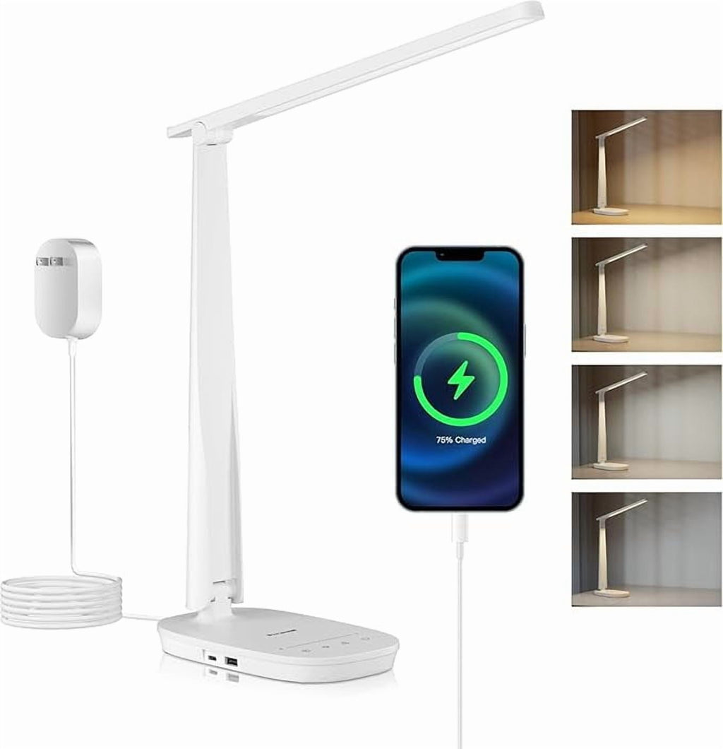 HONEYWELL LED Desk Lamp - HWT-H2 Sunturalux™ Eye-Caring Foldable Desk Light with USB A+C Dual Charging Port 4 Color Modes Dimmable Table Lamp for Home Office Bedroom Reading Study Work - Black