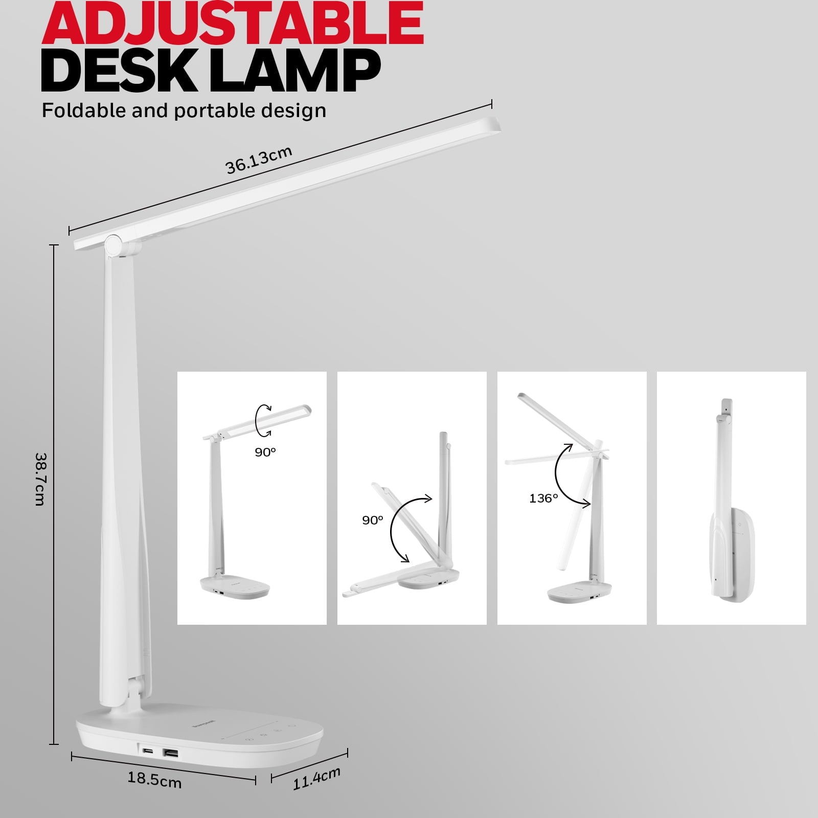 HONEYWELL LED Desk Lamp - HWT-H2 Sunturalux™ Eye-Caring Foldable Desk Light with USB A+C Dual Charging Port 4 Color Modes Dimmable Table Lamp for Home Office Bedroom Reading Study Work - Black