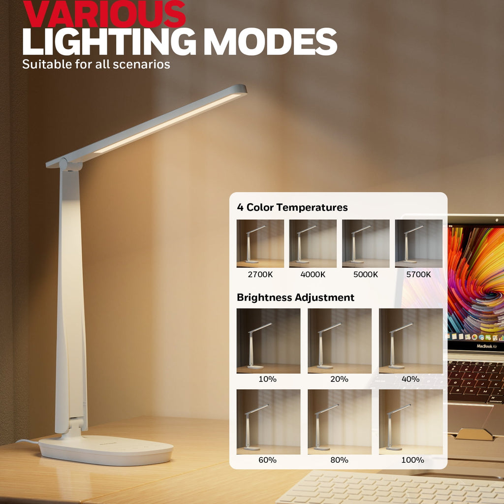 HONEYWELL LED Desk Lamp - HWT-H2 Sunturalux™ Eye-Caring Foldable Desk Light with USB A+C Dual Charging Port 4 Color Modes Dimmable Table Lamp for Home Office Bedroom Reading Study Work - Black