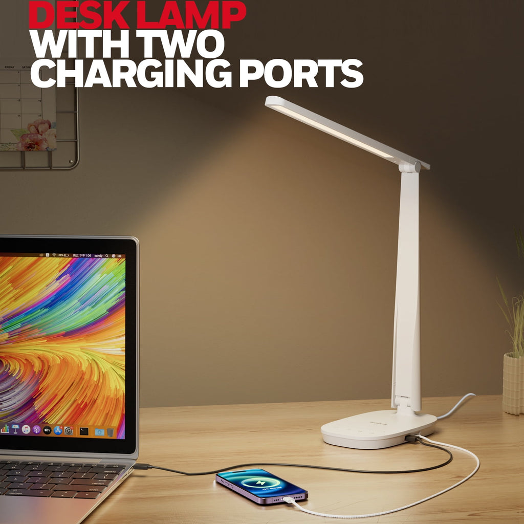 HONEYWELL LED Desk Lamp - HWT-H2 Sunturalux™ Eye-Caring Foldable Desk Light with USB A+C Dual Charging Port 4 Color Modes Dimmable Table Lamp for Home Office Bedroom Reading Study Work - Black