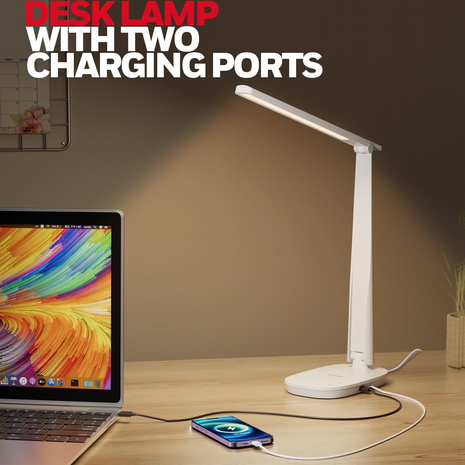 HONEYWELL LED Desk Lamp - HWT-H2 Sunturalux™ Eye-Caring Foldable Desk Light with USB A+C Dual Charging Port 4 Color Modes Dimmable Table Lamp for Home Office Bedroom Reading Study Work - Black