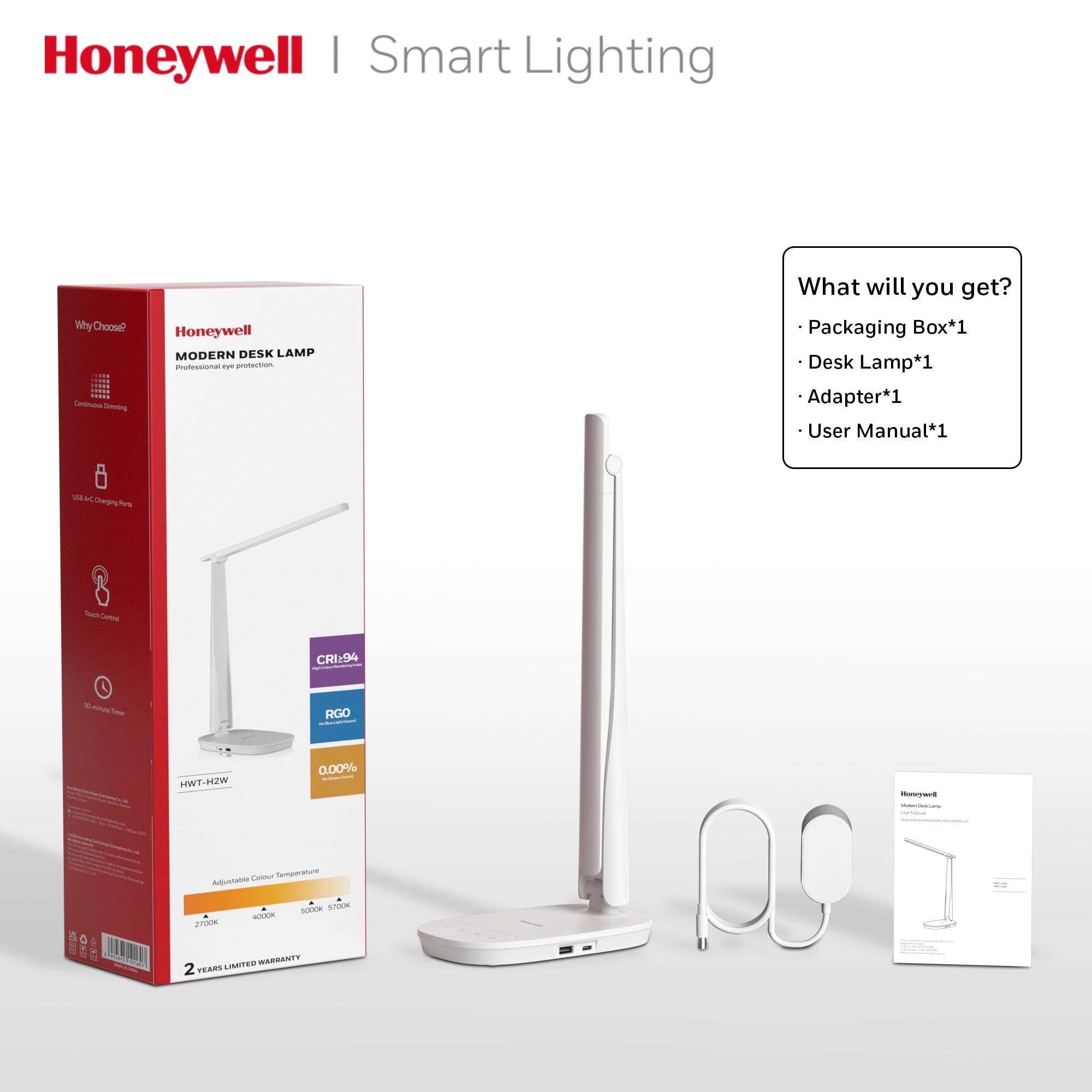 HONEYWELL LED Desk Lamp - HWT-H2 Sunturalux™ Eye-Caring Foldable Desk Light with USB A+C Dual Charging Port 4 Color Modes Dimmable Table Lamp for Home Office Bedroom Reading Study Work - Black