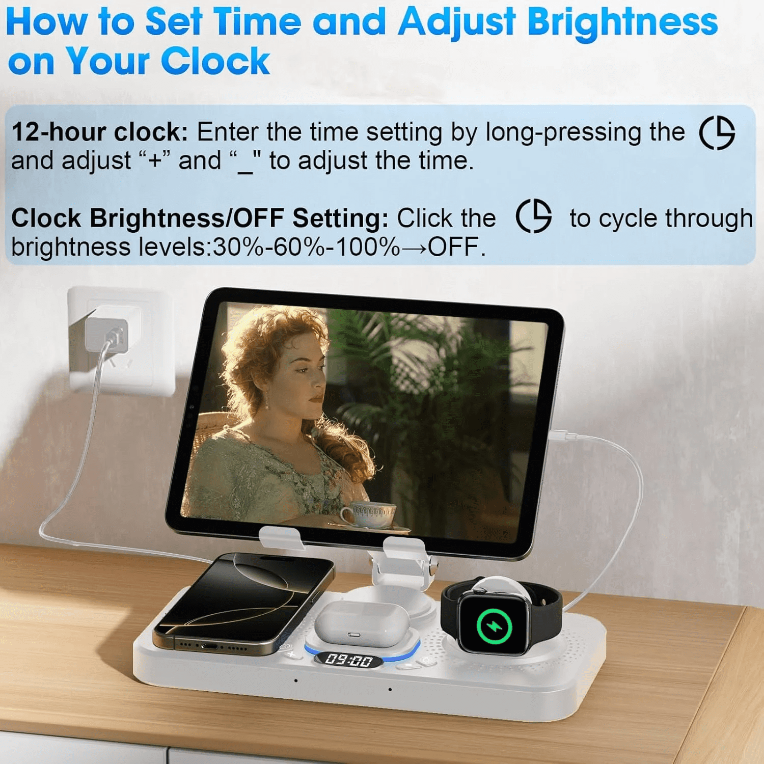 6-in-1 Foldable Wireless Charging Station for Apple Devices – 30W Fast Charger Stand for iPad, iPhone 16/15/14, Apple Watch, and AirPods – Features Digital Clock &amp; 7-Color Ambient Night Light(black)