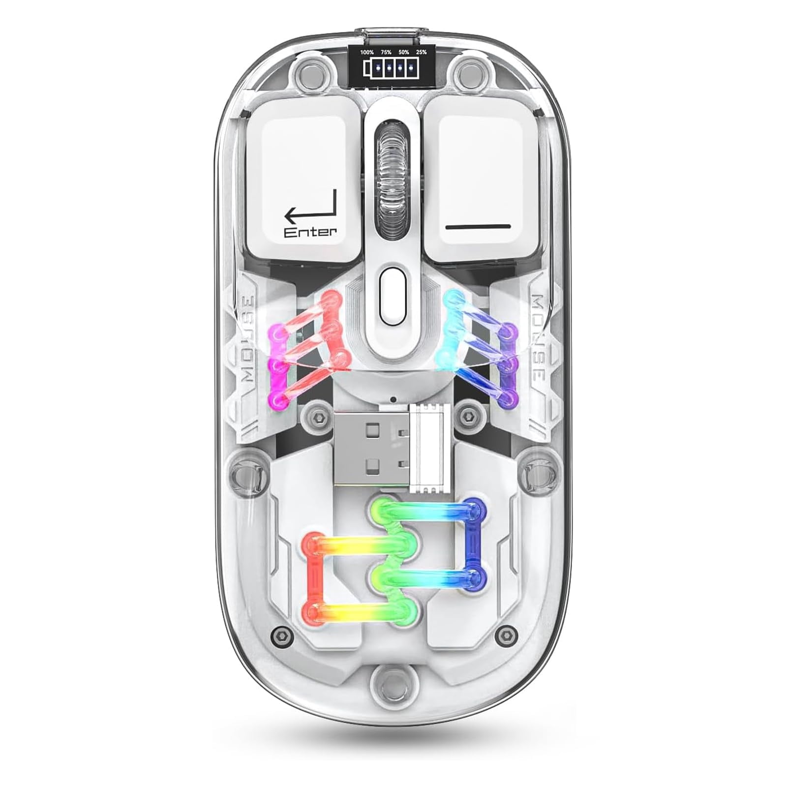 Wireless Transparent RGB Gaming Mouse, Bluetooth 5.0 + 2.4G Dual Mode Mechanical Mouse with Magnetic Top Cover, Rechargeable Ergonomic Mouse for PC Laptop Tablet