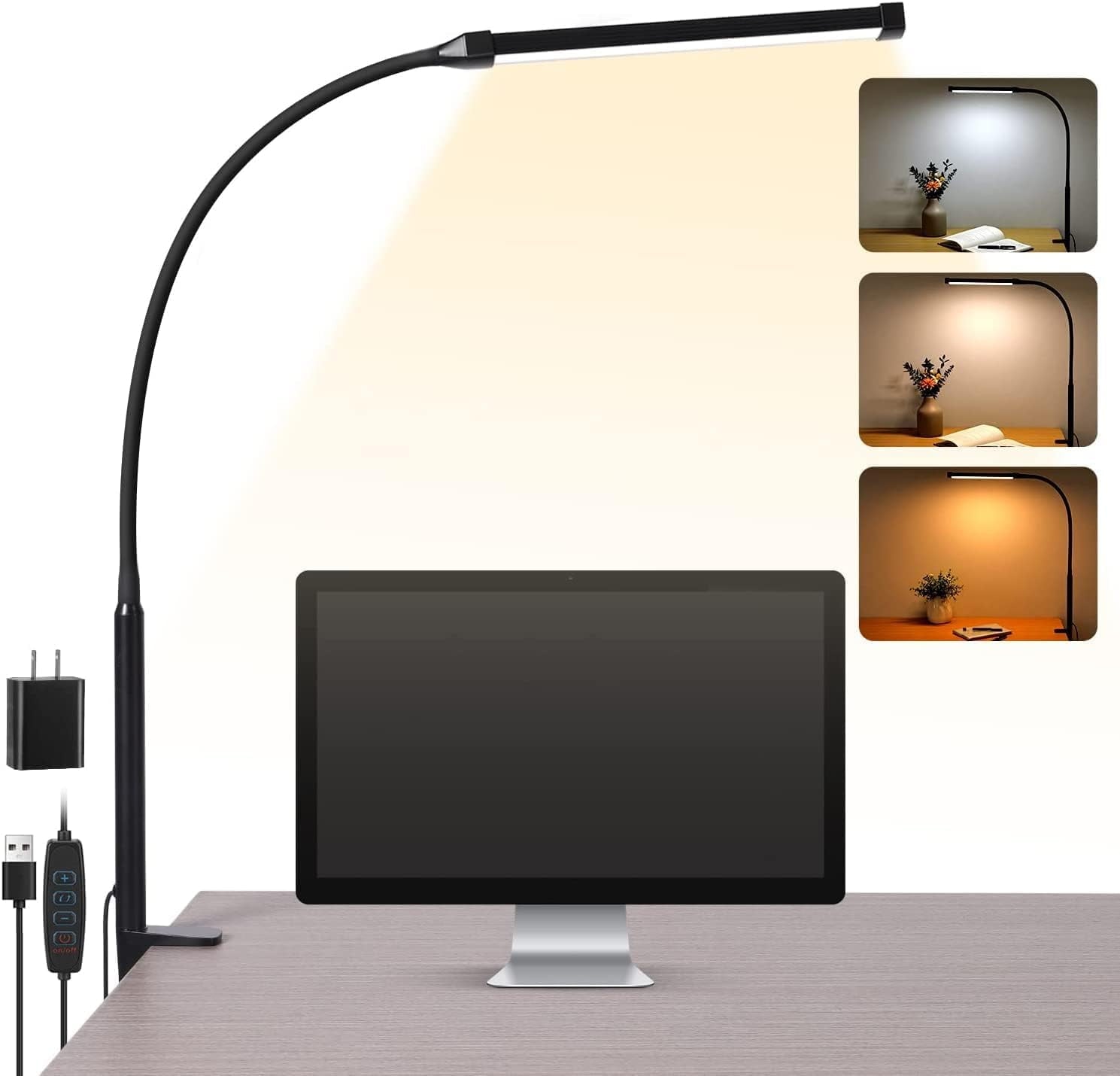 WarmHaven LED Desk Lamp with Clamp, Eye-Caring Clip on Lights for Home Office, 3 Modes 10 Brightness, Long Flexible Gooseneck, Metal, Swing Arm Architect Task Table Lamps with USB Adapter, Black