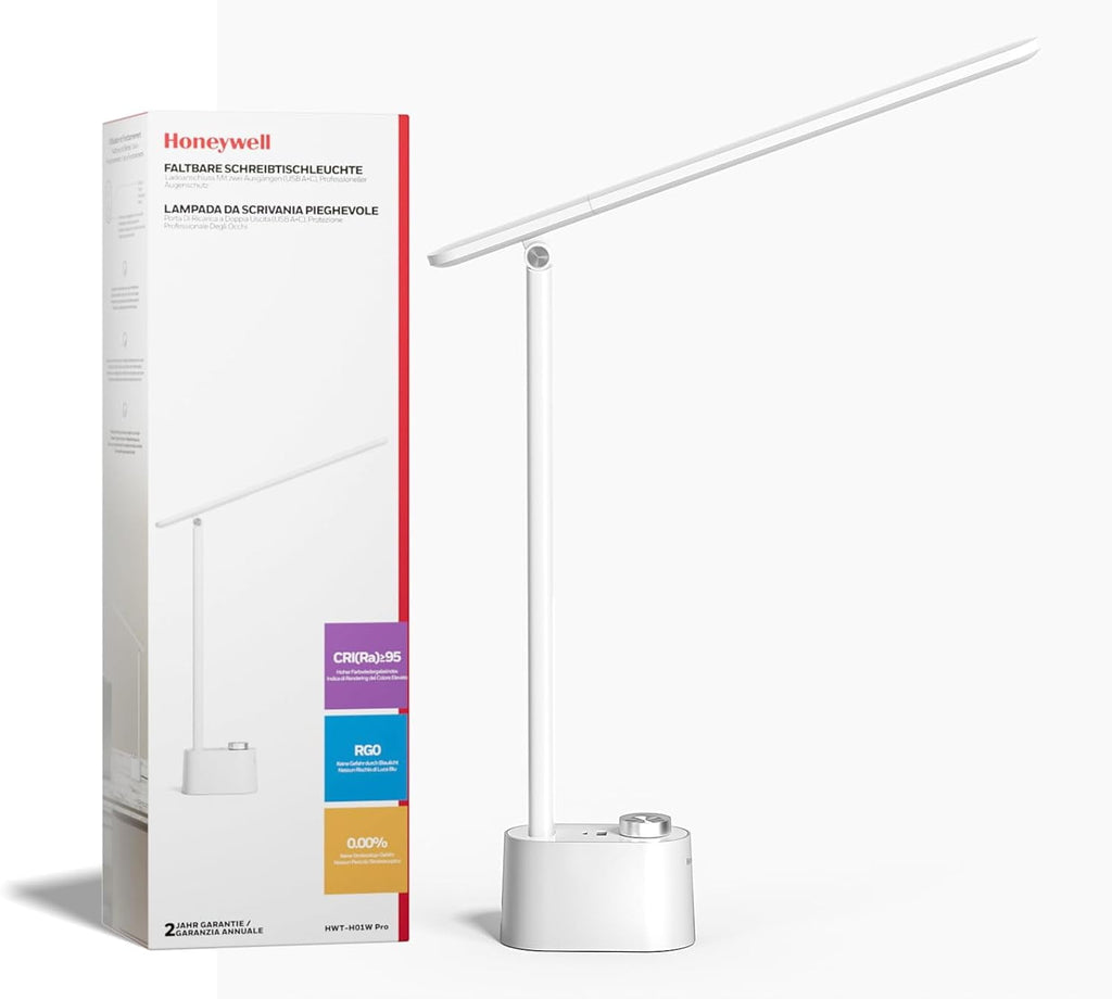 HONEYWELL Upgraded LED Desk Lamp - H01 Pro Sunturalux™ Foldable Desk Light with USB A+C Charging Ports, 3 Color Modes Dimmable Table Lamp for Home Office Reading(White)