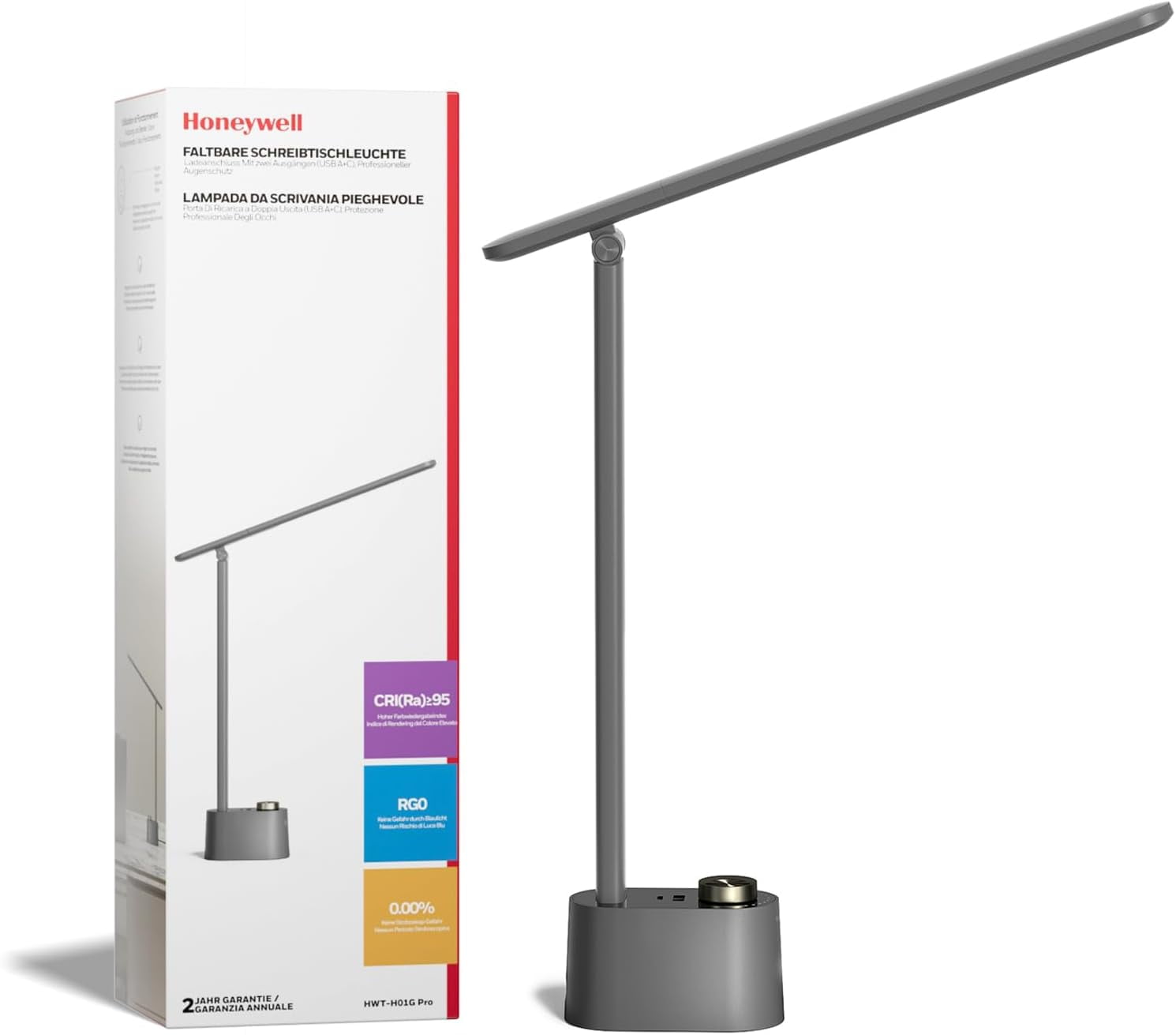HONEYWELL Upgraded LED Desk Lamp - H01 Pro Sunturalux™ Foldable Desk Light with USB A+C Charging Ports, 3 Color Modes Dimmable Table Lamp for Home Office Reading(White)
