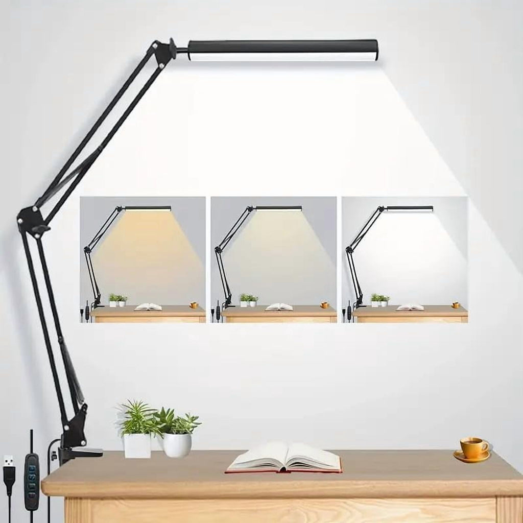 Desk Lamp with Eye-Caring 3 Modes 10 Brightness, Adjustable Swing Arm Long Flexible Lamp for Office Workers and Students,  Port