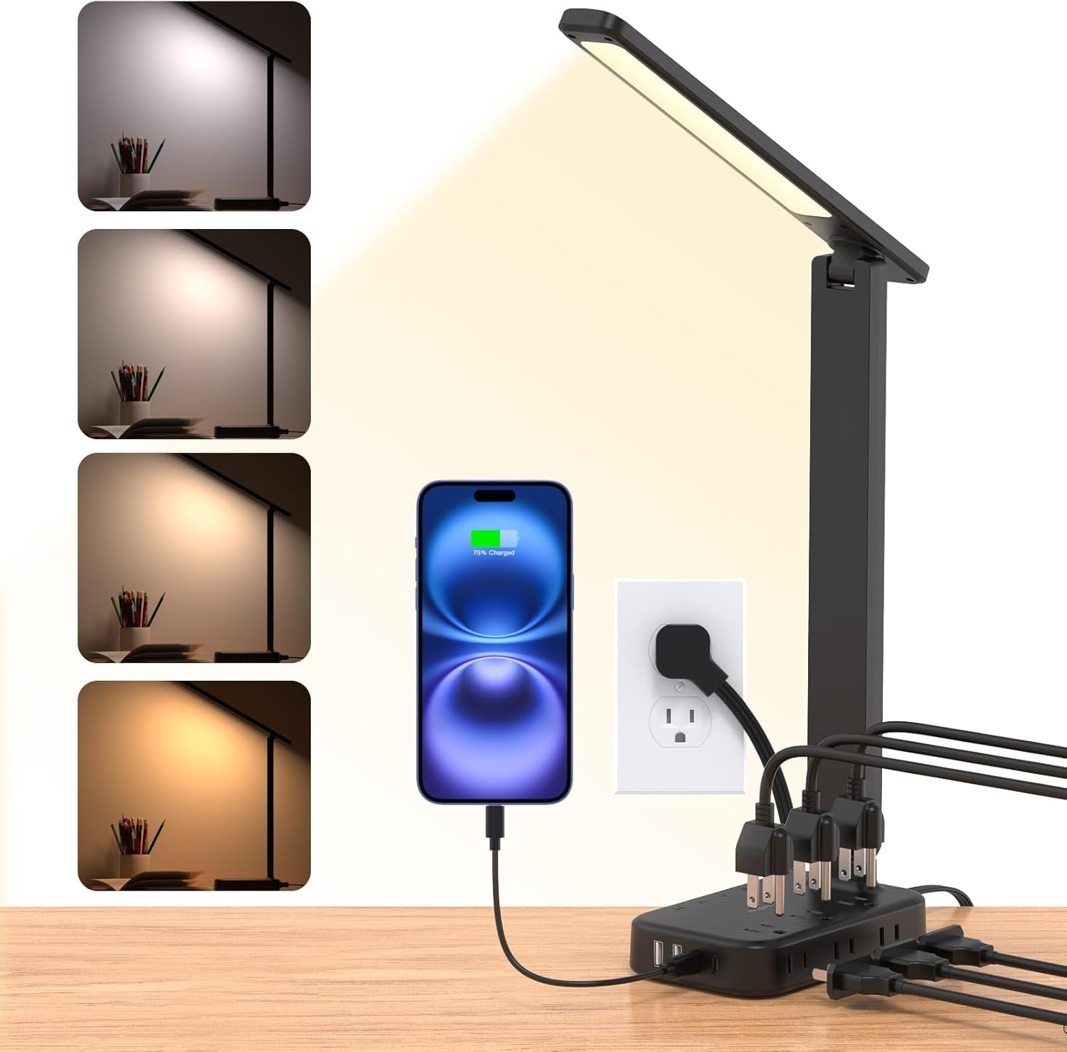 One Beat Desk Lamp with 6 Outlets 4 USB Ports(2×USB-C),Eye Protection Table Lamp Power Strip with 4 Color Modes 5 Brightness Touch LED Desk Lamps for Home Office College Dorm Room Essentials